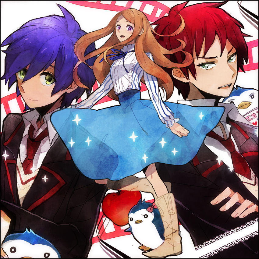 2boys, apple, bird, blue_hair, boots, brown_hair, food, fruit