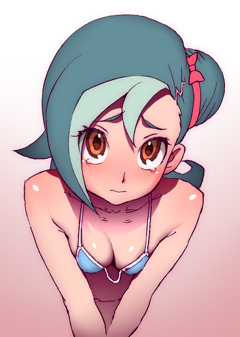 bikini, blush, body_blush, breasts, brown_eyes, cleavage, collarbone, foreshortening