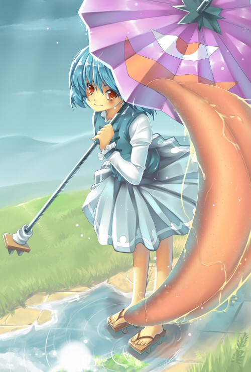 blue_hair, karakasa_obake, landre, puddle, red_eyes, short_hair, skirt, smile, solo, tatara_kogasa, tongue, touhou, umbrella, wet