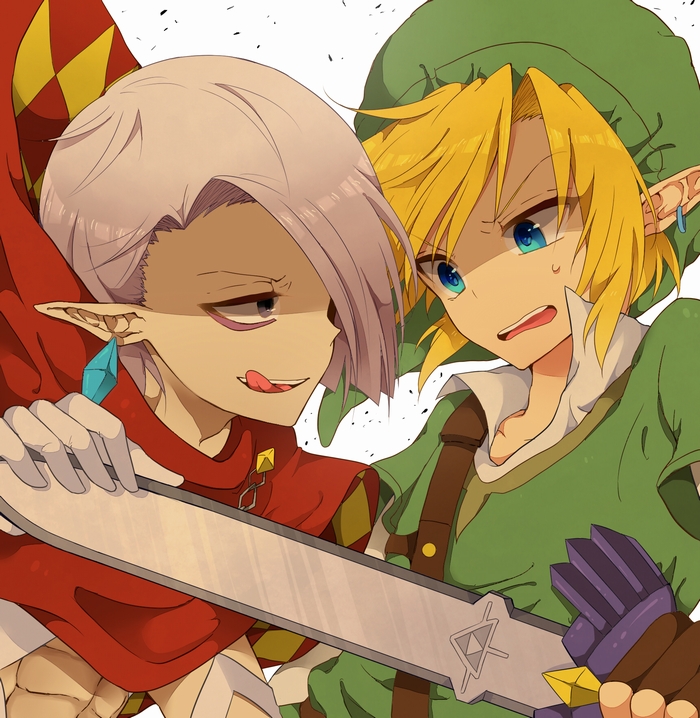 2boys, blue_eyes, cape, earrings, ghirahim, gloves, hair_over_one_eye, hat