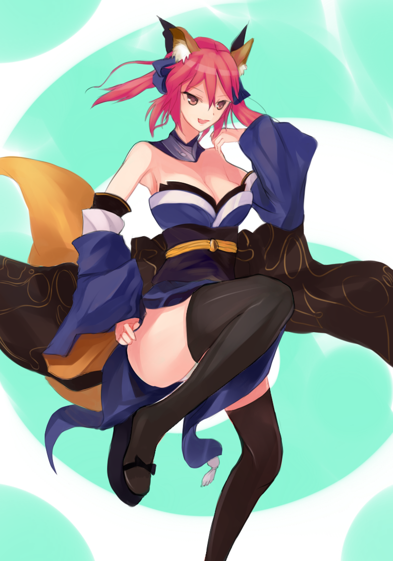 animal_ears, bare_shoulders, bow, breasts, caster_(fate/extra), cleavage, detached_sleeves, fate/extra