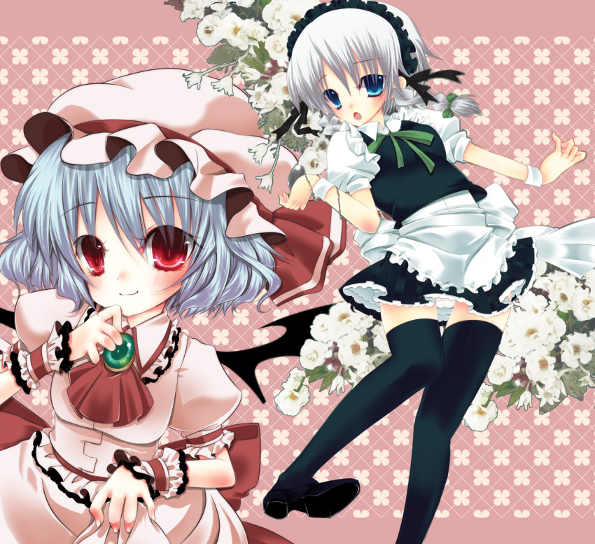 apron, bat_wings, blue_eyes, blue_hair, braid, dress, flower, hat