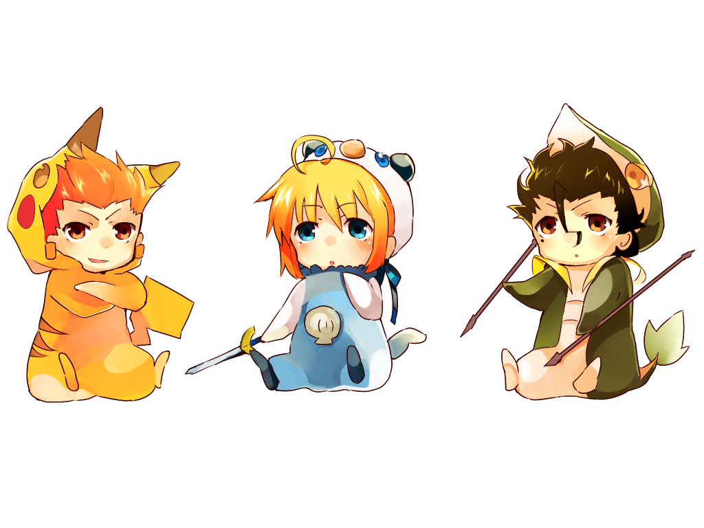 2boys, black_hair, blonde_hair, blue_eyes, brown_eyes, chibi, costume, fate/stay_night, fate/zero, fate_(series), gilgamesh, lancer_(fate/zero), mole, multiple_boys, oshawott, pikachu, pokemon, pokemon_costume, polearm, saber, snivy, spear, sumesiumee, sword, weapon
