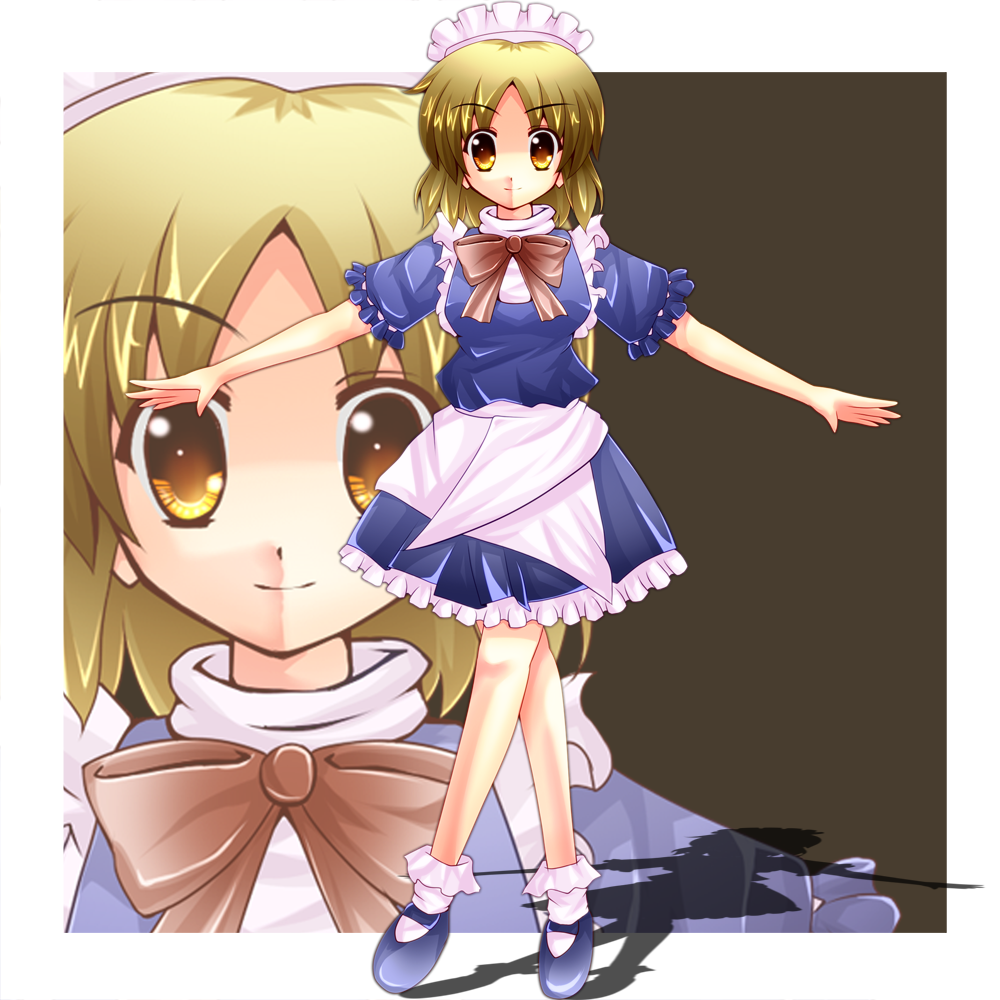 bad_id, blonde_hair, blush, bobby_socks, crossed_legs, crossed_legs_(standing), hori_daikon, maid