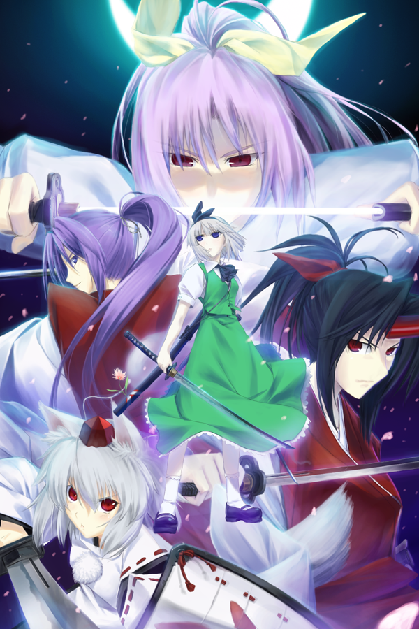 animal_ears, black_hair, blue_eyes, bow, crescent_moon, detached_sleeves, flower, hair_bow