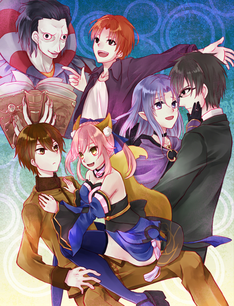 3boys, 3girls, 4boys, animal_ears, asari_(23feline23), blue_eyes, blue_hair, book, brown_hair, caster, caster_(fate/extra), caster_(fate/zero), couple, fate/extra, fate/stay_night, fate/zero, fate_(series), fox_ears, fox_tail, glasses, jewelry, kuzuki_souichirou, long_hair, male_protagonist_(fate/extra), multiple_boys, multiple_girls, orange_hair, pink_hair, pointy_ears, prelati's_spellbook, prelati's_spellbook, ring, short_hair, smile, tail, thighhighs, uryuu_ryuunosuke, yellow_eyes