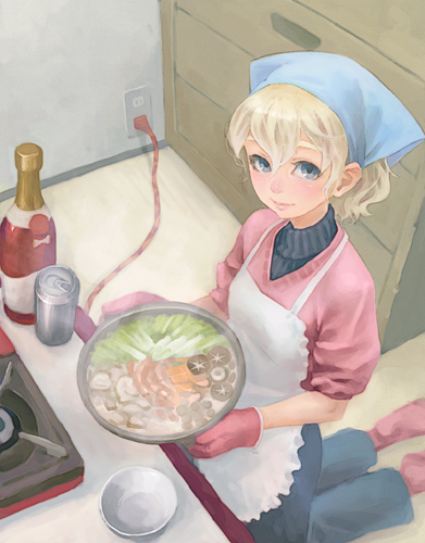 apron, blonde_hair, blue_eyes, bottle, can, cooking, gloves, head_scarf