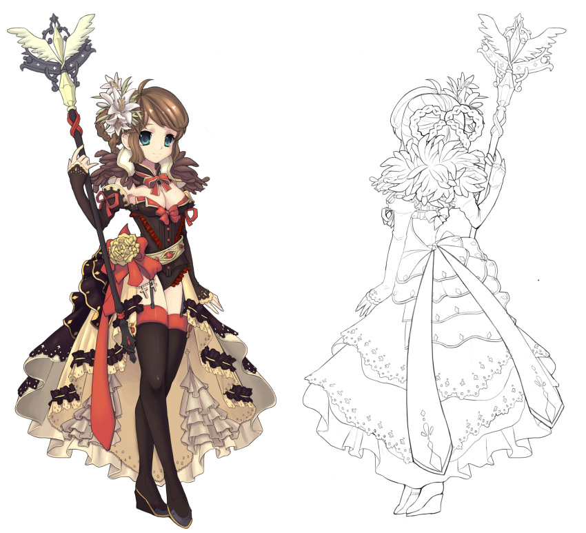 black_legwear, blue_eyes, boots, braid, breasts, brown_hair, character_sheet, cherinova