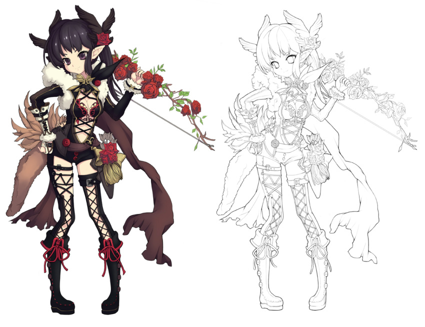 arrow, black_hair, black_legwear, boots, bow_(weapon), breasts, bridal_gauntlets, character_sheet