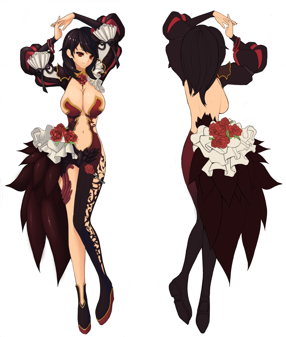 arms_up, asymmetrical_clothes, asymmetrical_clothing, black_hair, black_legwear, bracelet, breasts, character_sheet