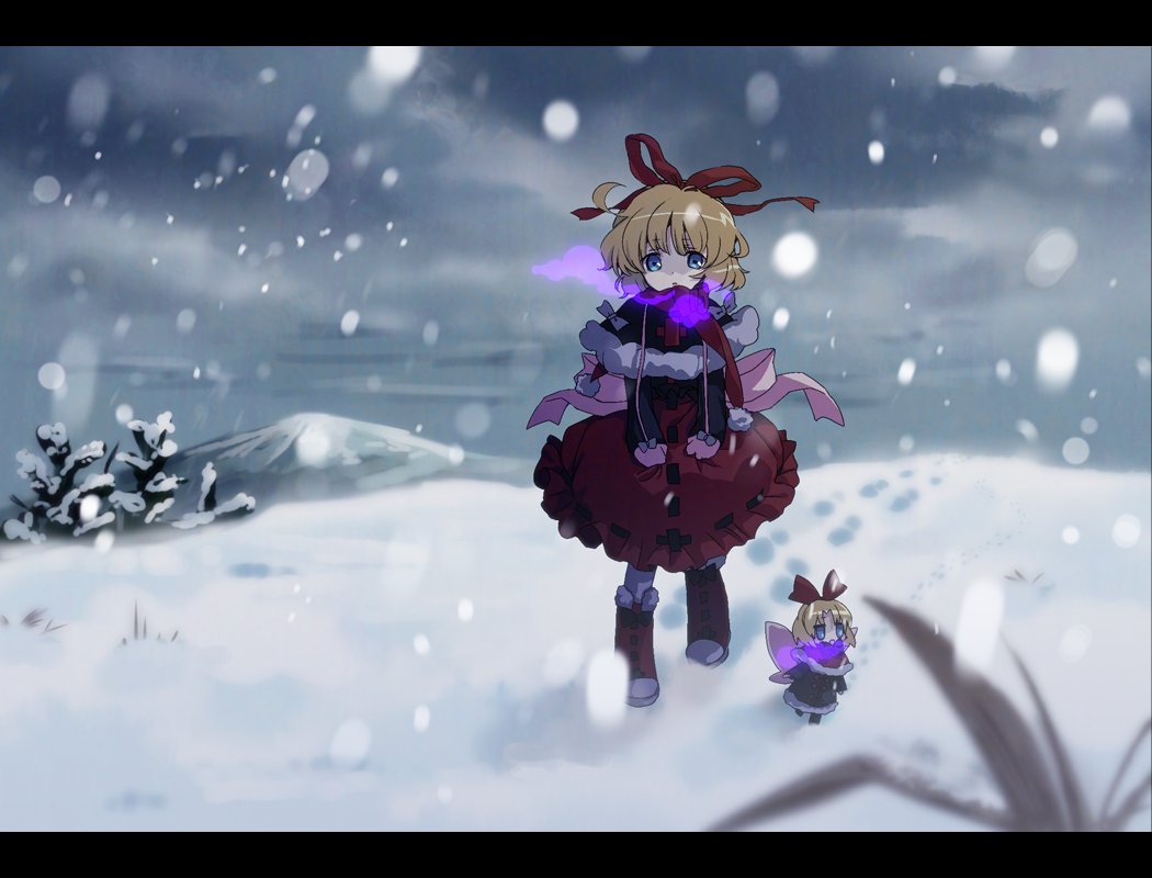 amo, blonde_hair, blue_eyes, boots, bow, capelet, doll, dress, hair_bow, hair_ribbon, letterboxed, matching_su-san, medicine_melancholy, mittens, open_mouth, ribbon, short_hair, snow, snowing, solo, su-san, touhou, wings, winter, winter_clothes