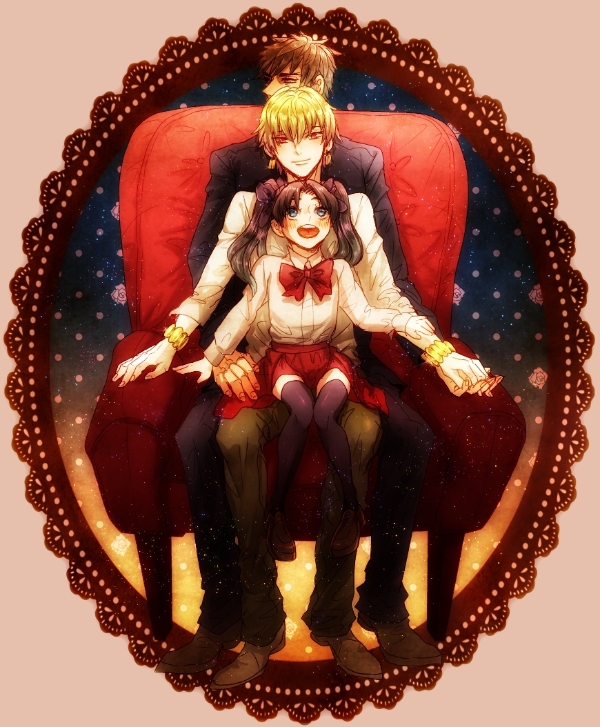 2boys, black_hair, blonde_hair, blue_eyes, blush, brown_eyes, brown_hair, chair, child, fate/stay_night, fate/zero, fate_(series), gilgamesh, kotomine_kirei, long_hair, looking_up, multiple_boys, open_mouth, red_eyes, short_hair, sitting, sitting_in_lap, sitting_on_lap, sitting_on_person, smile, thighhighs, tohsaka_rin, toosaka_rin, tsubakiya, twintails, zettai_ryouiki