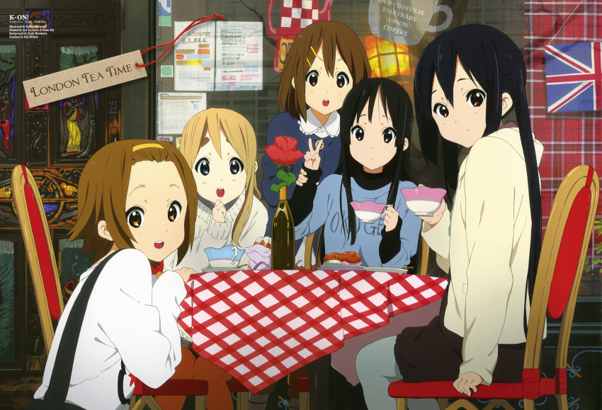 absurdres, akiyama_mio, black_eyes, black_hair, blonde_hair, blue_eyes, brown_hair, casual, drink, flower, food, hair_ornament, hairband, hairclip, highres, hirasawa_yui, horiguchi_yukiko, hosokawa_naoki, k-on!, k-on!_movie, kotobuki_tsumugi, long_hair, looking_at_viewer, multiple_girls, nakano_azusa, open_mouth, pantyhose, rose, shibata_yuji, shoko_doi, short_hair, smile, tainaka_ritsu, toyozawa_aya, twintails, union_jack, united_kingdom, v, very_long_hair