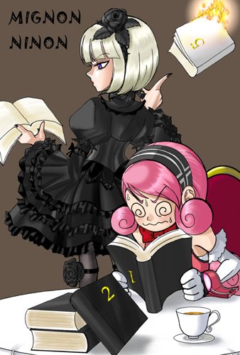 @_@, arashi, blonde_hair, bob_cut, book, cup, duplicate, elbow_gloves