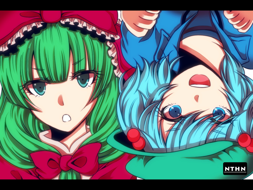 bangs, blue_eyes, blue_hair, blunt_bangs, bow, eyelashes, font, frills, front_ponytail, green_eyes, green_hair, hair_bobbles, hair_ornament, hair_ribbon, hat, kagiyama_hina, kawashiro_nitori, long_hair, looking_at_viewer, multiple_girls, open_mouth, ponytail, ribbon, rotational_symmetry, shisei_(kyuushoku_banchou), short_hair, sidelocks, smile, teeth, touhou