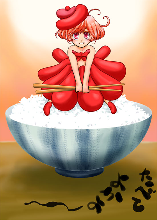 1girl, ahoge, bowl, chopsticks, food, food_as_clothes, hairu_(690n), hat