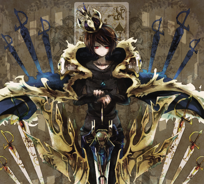 brown_hair, cape, card, crown, ebony_nightmare, jewelry, kamen_rider, kamen_rider_blade_(series)