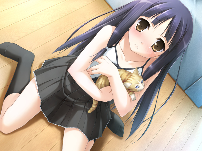 black_hair, blush, brown_eyes, cat, crying, kanekiyo_miwa, long_hair, natsu_no_ame, sakurai_tomomi