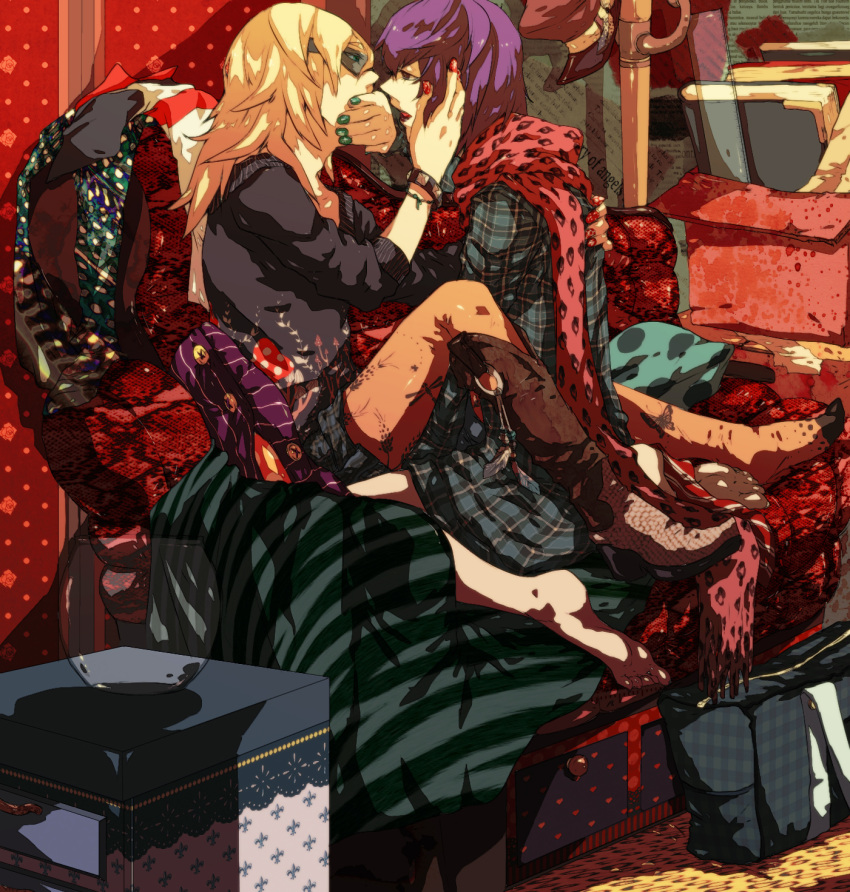 2boys, barefoot, blonde_hair, book, boots, bowl, box, covering, covering_face, covering_mouth, crossdressinging, glasses, hayabusa_hideki, highres, inazuma_eleven_go, multiple_boys, nail_polish, nishinosora_yoichi, plaid, polka_dot, purple_hair, scarf, shiro_(reptil), straddle, striped, thigh-highs, thighhighs, trap, yaoi