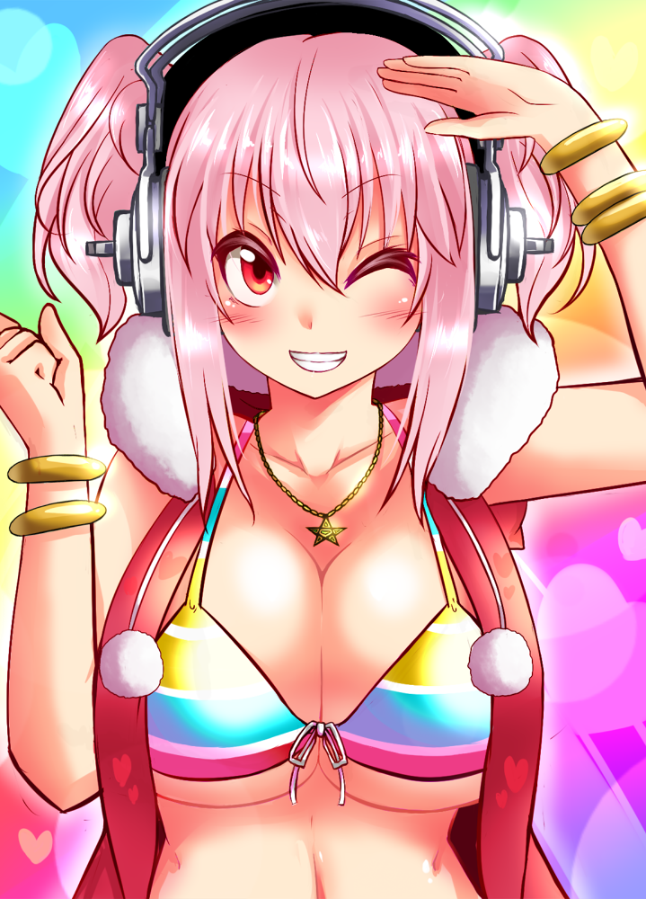 artist_request, blush, bracelet, breasts, cleavage, front-tie_top, grin, headphones, jewelry, large_breasts, midriff, navel, necklace, nitroplus, orange_eyes, pendant, pink_hair, roki_(hirokix), salute, shiny, shiny_skin, smile, sonico, source_request, super_sonico, swimsuit, twintails, underboob, wink