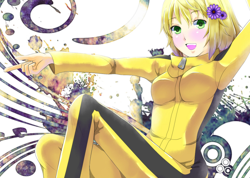 blush, bruce_lee's_jumpsuit, bruce_lee's_jumpsuit, c-diamond, flower, green_eyes, hair_ornament, hairclip, huang_baoling, short_hair, solo, tiger_&amp;_bunny