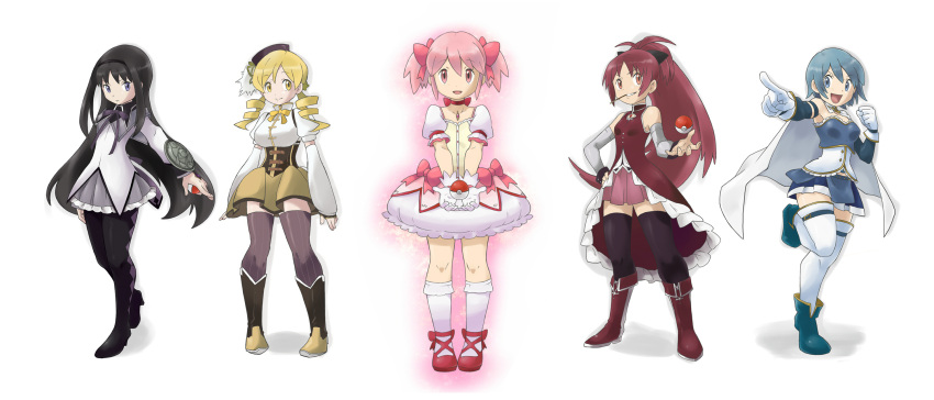 5girls, akemi_homura, argyle, argyle_legwear, armband, aura, beret, black_hair