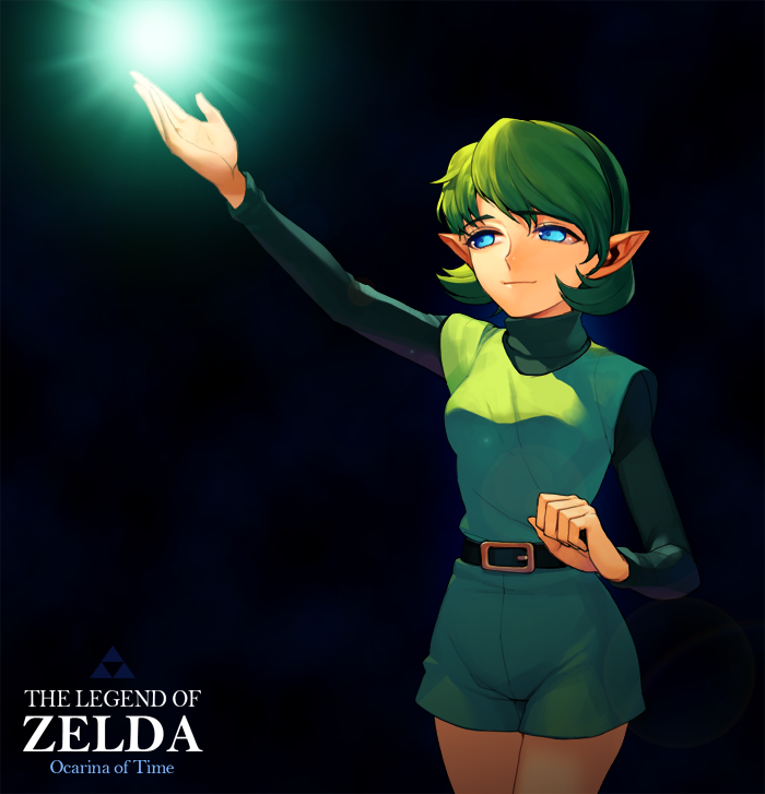 arm_up, belt, black_background, blue_eyes, green_hair, hairband, light, light_smile, long_sleeves, mound_of_venus, nintendo, ocarina_of_time, pointy_ears, raised_arm, saria, short_hair, shorts, simple_background, solo, standing, tem_(artist), the_legend_of_zelda, triforce, tunic, turtleneck