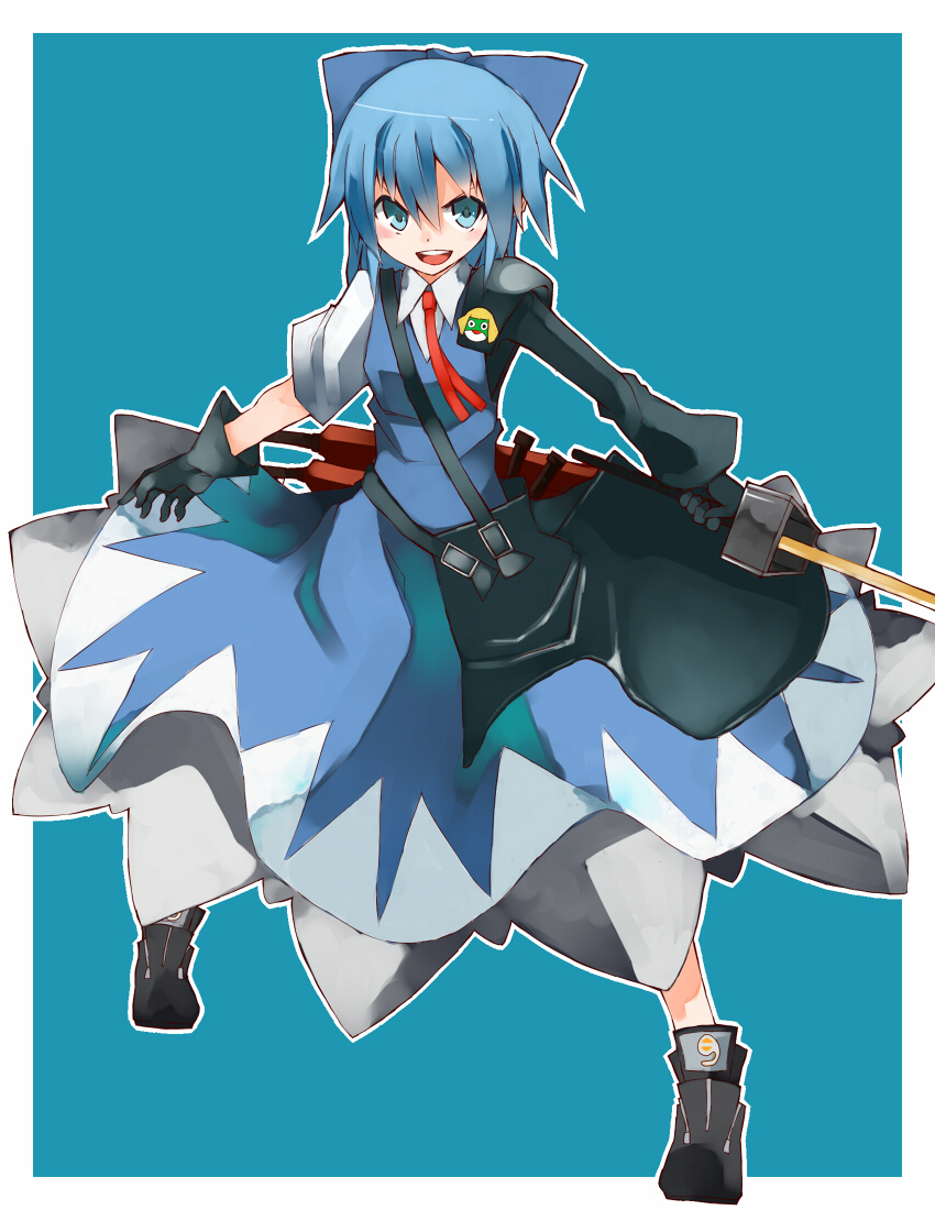 advent_cirno, black_gloves, blue_eyes, blue_hair, bow, cameo, cirno, dress, gloves, hair_bow, keroro_gunsou, short_hair, solo, soudayu, sword, touhou, weapon