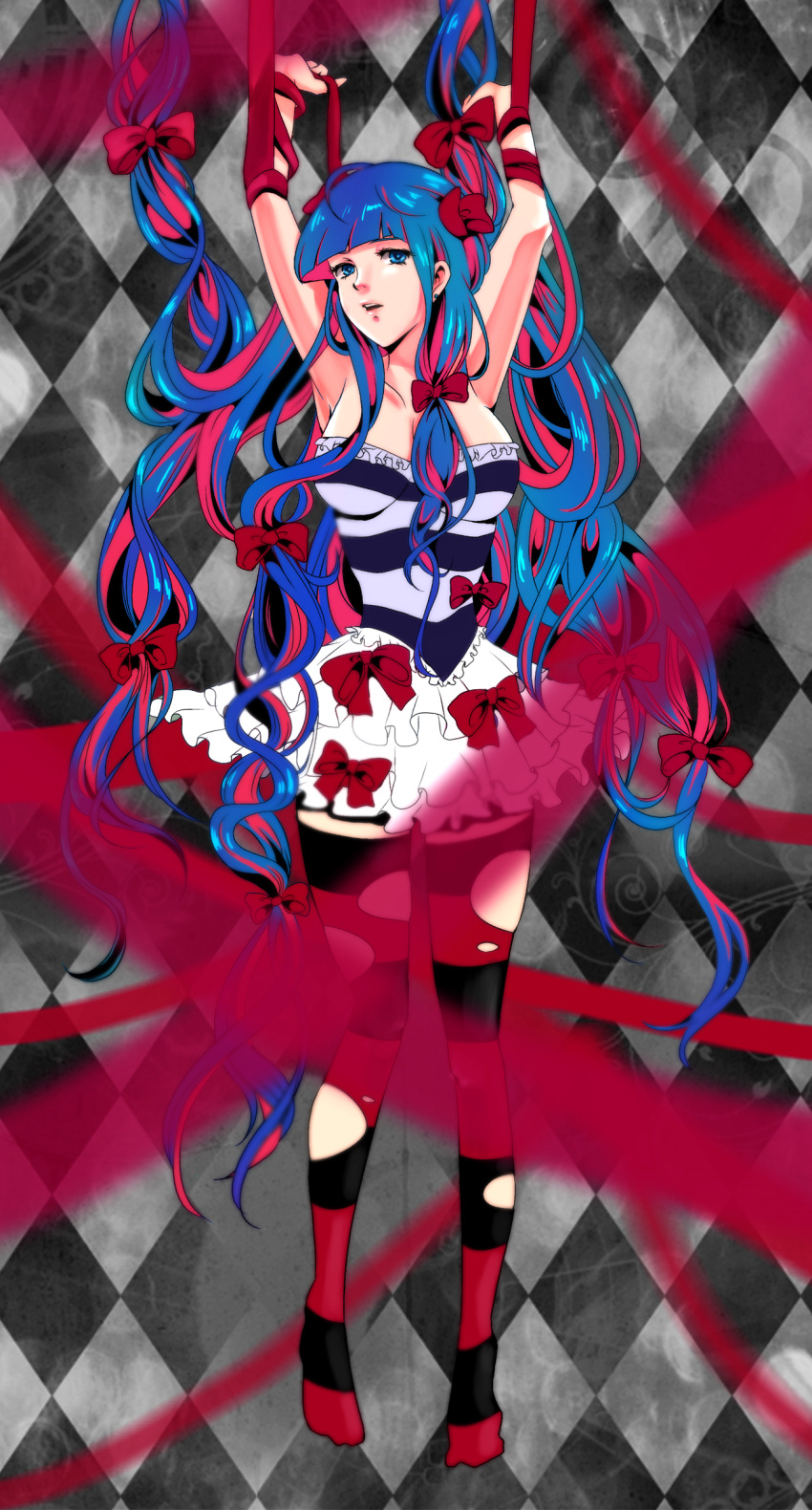 absurdres, argyle, argyle_background, armpits, arms_up, bare_shoulders, blue_eyes, blurry, bow, depth_of_field, frills, highres, lolita_fashion, long_hair, multicolored_hair, ogino, open_mouth, panty_&amp;_stocking_with_garterbelt, petticoat, ribbon, solo, stocking_(psg), striped, striped_legwear, thigh-highs, thighhighs, tiptoes, torn_thighhighs, two-tone_hair, very_long_hair