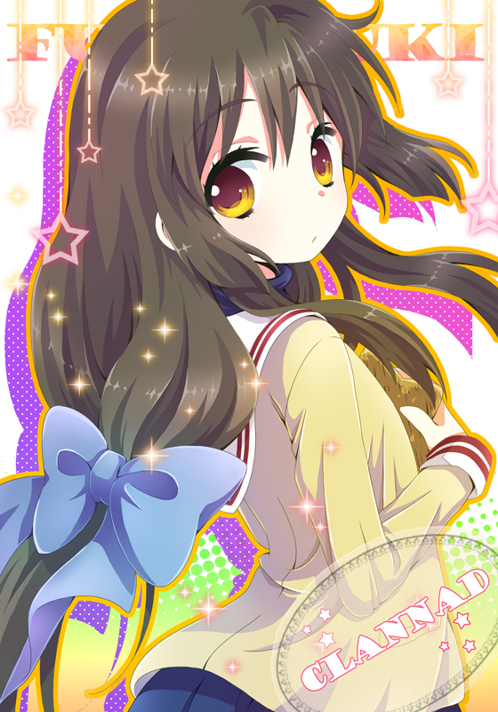 brown_hair, clannad, ibuki_fuuko, kureno, long_hair, looking_back, school_uniform, starfish