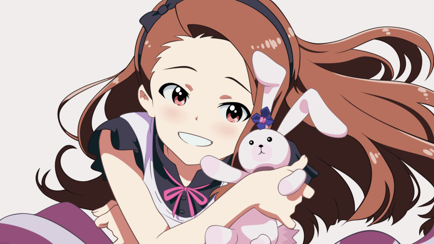 blush, brown_hair, flat_color, hairband, highres, idolmaster, long_hair, minase_iori, negativezero, red_eyes, simple_background, smile, solo, stuffed_animal, stuffed_bunny, stuffed_toy, teeth, vector_trace, wallpaper
