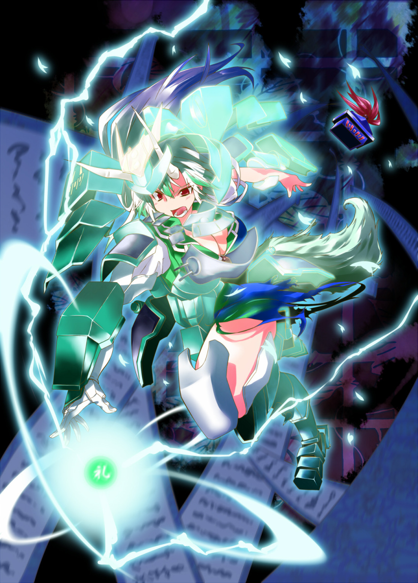 angry, armor, breasts, cleavage, dress, energy, ex-keine, green_hair, hat, highres, horns, kamishirasawa_keine, long_hair, multicolored_hair, no_hat, no_headwear, open_mouth, outstretched_arms, red_eyes, ribbon, solo, tachiuo_nikominabe, tail, touhou, yoroiden_samurai_troopers