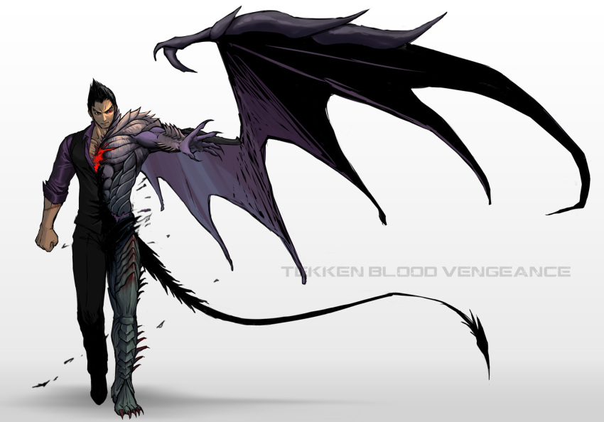 claws, dark_persona, demon_tail, demon_wings, devil_(tekken), male, mishima_kazuya, muscle, pointy_hair, solo, tail, tekken, tekken_blood_vengeance, title_drop, transformation, wings