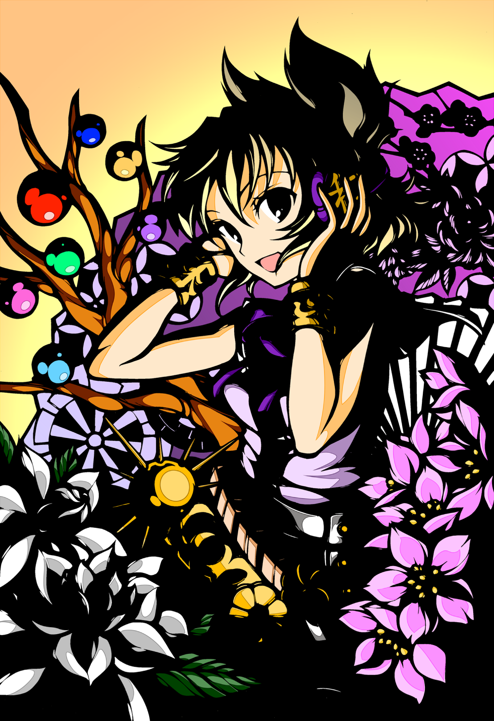 branch, brown_hair, earmuffs, flower, headphones, highres, jeweled_branch_of_hourai, open_mouth, short_hair, solo, touhou, toyosatomimi_no_miko, wenu_(kiries), wristband, yamaguchi_wemu