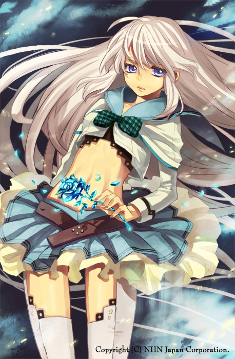 blue_eyes, flower, long_hair, midriff, navel, petals, sakujo, skirt