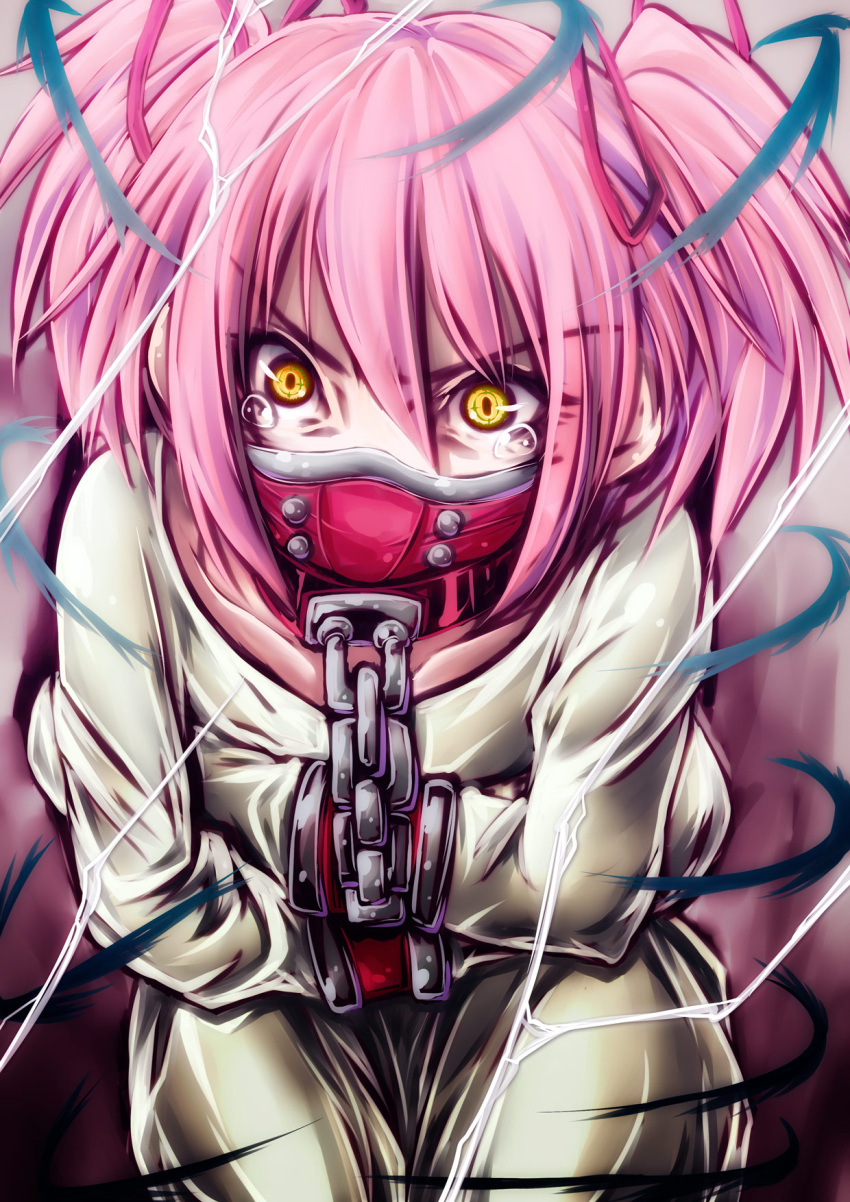 angry, bondage, bound_wrists, chain, chains, crossed_arms, gag, gagged, hair_ribbon, handcuffs, highres, kaname_madoka, mahou_shoujo_madoka_magica, pant-3, pink_hair, ribbon, short_hair, short_twintails, solo, straitjacket, tears, twintails, yellow_eyes