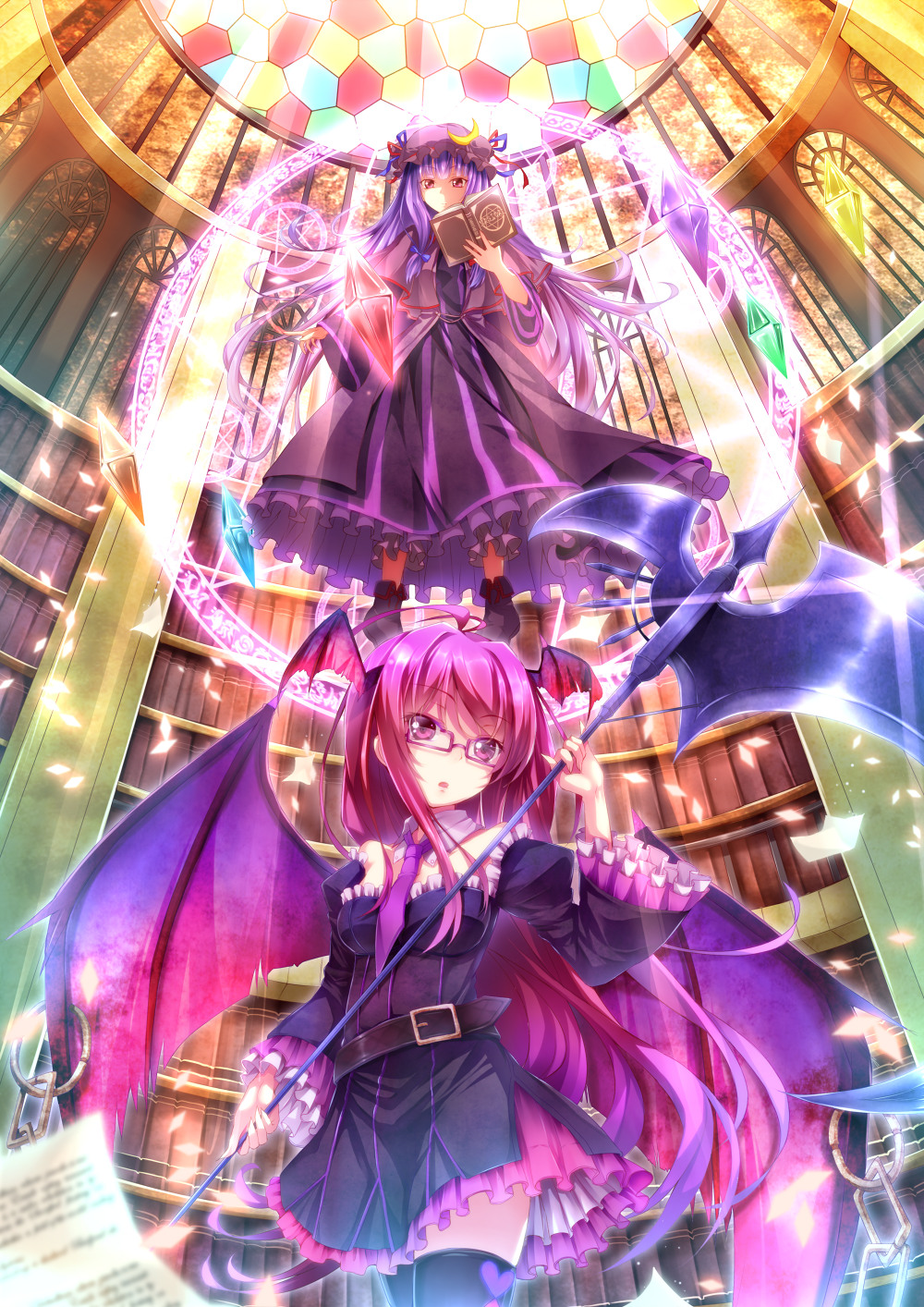bat_wings, belt, bookshelf, bow, crystal, dabadhi, detached_sleeves, glasses
