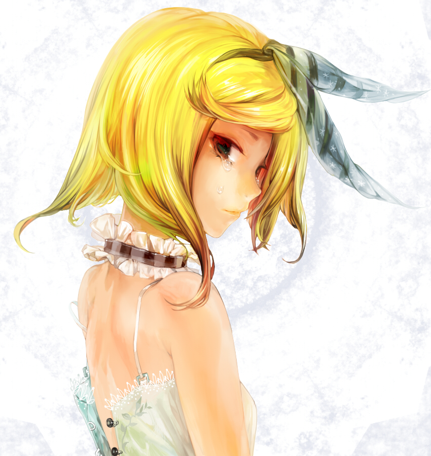 bad_id, bare_shoulders, blonde_hair, face, green_eyes, hair_ribbon, kagamine_rin, looking_back, portrait, ribbon, short_hair, solo, strap_slip, tcb, tears, undone, vocaloid