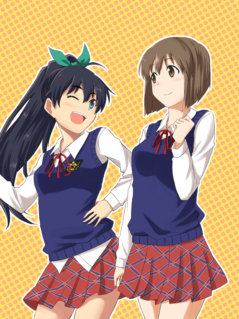 :d, black_hair, blue_eyes, brown_eyes, brown_hair, fang, ganaha_hibiki, hagiwara_yukiho