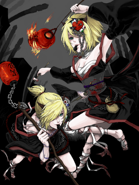 armpits, barefoot, blonde_hair, brother_and_sister, chain, chains, detached_sleeves, hair_over_one_eye, horns, japanese_clothes, kagamine_len, kagamine_rin, lantern, moyuki, sarashi, siblings, twins, vocaloid, weapon