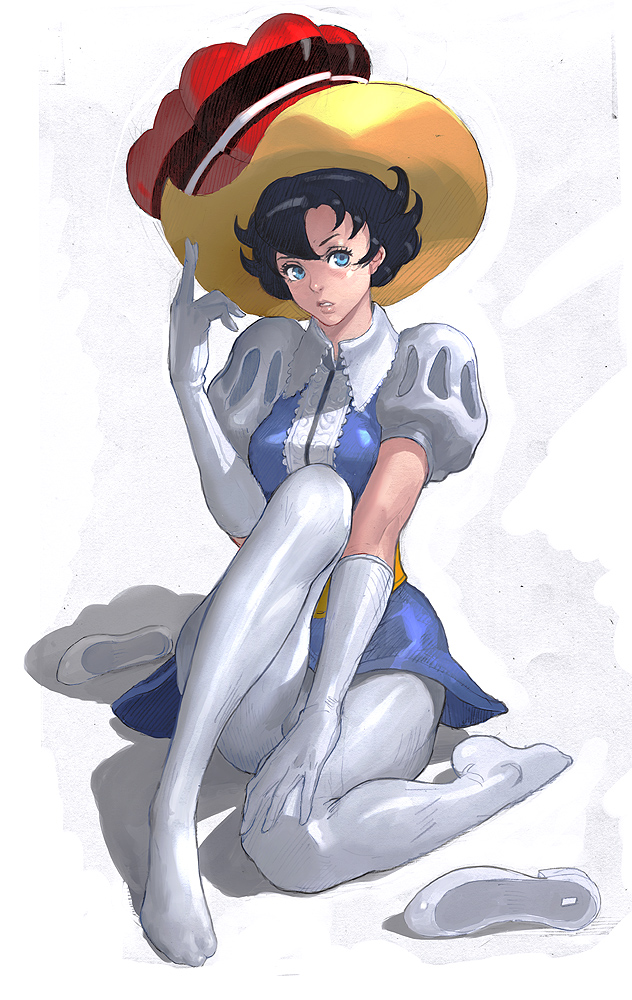 bad_id, black_hair, blue_eyes, elbow_gloves, gloves, hat, kilart, leggings, pantyhose, princess_sapphire, puffy_sleeves, ribbon_no_kishi, short_dress, short_hair, sitting, solo