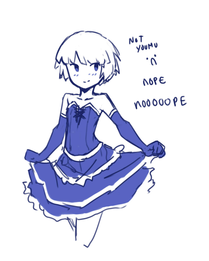 bare_shoulders, blue, bob_cut, curtsey, dress, eirene_(oniro), elbow_gloves, english