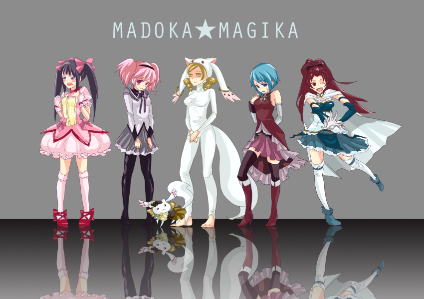 96neko, 96neko_mtm, akemi_homura, akemi_homura_(cosplay), argyle, argyle_legwear, blonde_hair, blue_eyes, blue_hair, blush, bodysuit, boots, bubble_skirt, cosplay, costume_switch, drill_hair, highres, kaname_madoka, kaname_madoka_(cosplay), kneehighs, kyubey, kyubey_(cosplay), magical_girl, mahou_shoujo_madoka_magica, miki_sayaka, miki_sayaka_(cosplay), multiple_girls, pantyhose, pink_eyes, pink_hair, ponytail, purple_eyes, purple_hair, red_eyes, red_hair, redhead, reflection, sakura_kyouko, sakura_kyouko_(cosplay), short_hair, short_twintails, thigh-highs, thighhighs, toeless_legwear, tomoe_mami, tomoe_mami_(cosplay), twin_drills, twintails, violet_eyes, yellow_eyes
