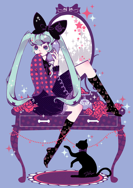aqua_eyes, aqua_hair, boots, bow, cat, flower, hair_bow, hair_ribbon