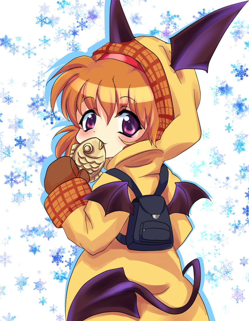 backpack, bag, bat_wings, brown_hair, demon_tail, demon_wings, food, from_behind