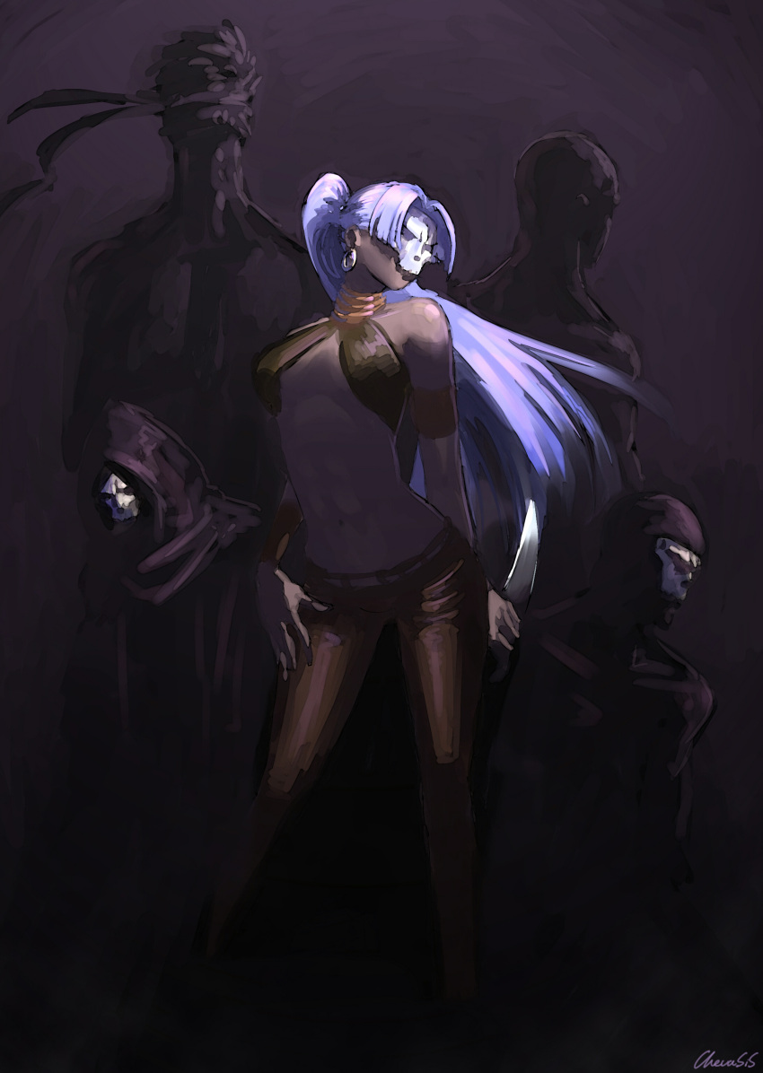 absurdres, assassin_(fate/zero), bad_id, black_skin, blue_hair, breasts, chevasis, cloak