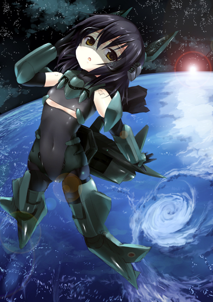 bad_id, busou_shinki, doll_joints, earth, head_mounted_display, lens_flare, mecha_musume, military, milky_way, mitsubishi_atd-x, orbit, space, star_(sky)