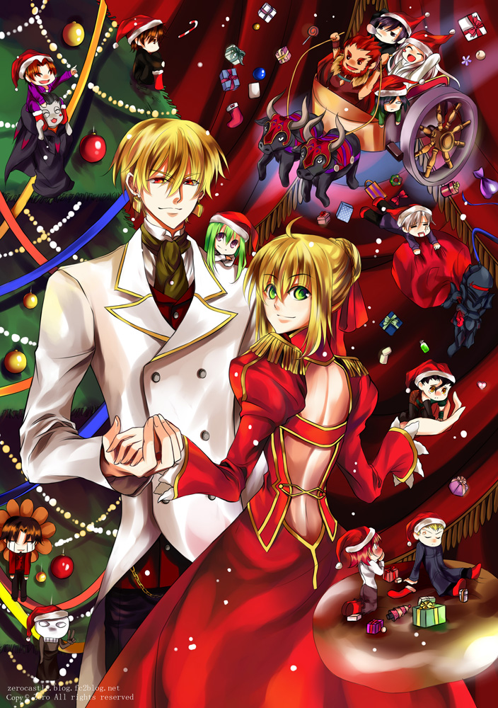 assassin_(fate/zero), bad_id, berserker_(fate/zero), blonde_hair, bull, caster_(fate/zero), chibi, christmas, christmas_tree, dancing, dress, earrings, emiya_kiritsugu, enkidu_(fate/strange_fake), epaulettes, everyone, fate/extra, fate/grand_order, fate/stay_night, fate/strange_fake, fate/zero, fate_(series), formal, gift, gilgamesh, gordius_wheel, green_eyes, hair_ribbon, hat, irisviel_von_einzbern, jewelry, kayneth_archibald_el-melloi, kotomine_kirei, lancer_(fate/zero), matou_kariya, nero_claudius_(fate)_(all), red_eyes, ribbon, rider_(fate/zero), saber_extra, santa_hat, sola-ui_nuada-re_sophia-ri, suit, tohsaka_tokiomi, toosaka_tokiomi, uryuu_ryuunosuke, watermark, waver_velvet, web_address, zerocastle