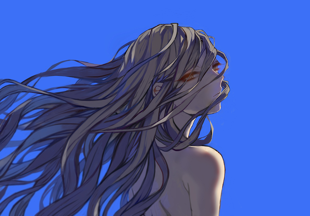 grey_hair, long_hair, looking_back, original, popompon, simple_background, solo, topless