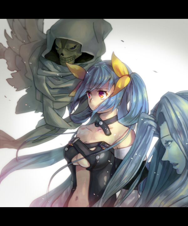 bare_shoulders, blue_hair, bow, breasts, choker, detached_sleeves, dizzy, guilty_gear